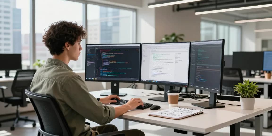 Innovative tech workspace with developer coding at dual monitors, showcasing teiegramin.com environment.