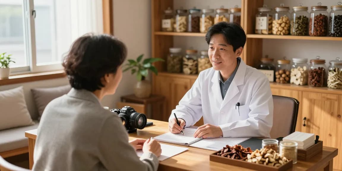 Consultation at 수원한의원 with a caring doctor in a warm, inviting herbal medicine clinic.