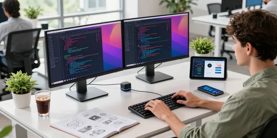 WPS Download: Developer engaging with multiple monitors in a modern office