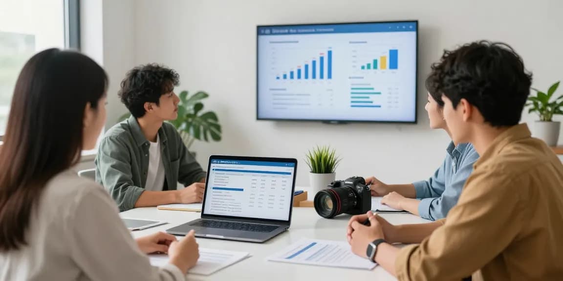 Client and financial advisors discussing mortgage options using simulador hipoteca in a modern office.