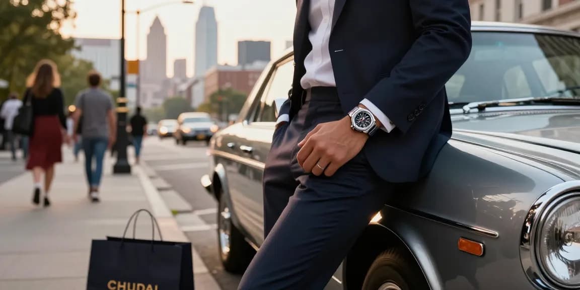 Stylish individual showcasing a premium clone watch against a city skyline.