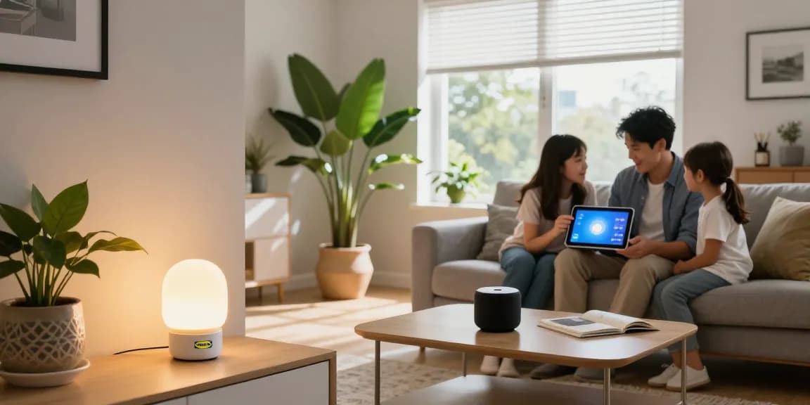 IKEA smart home products in a cozy living room with ambient lighting and interactive control.