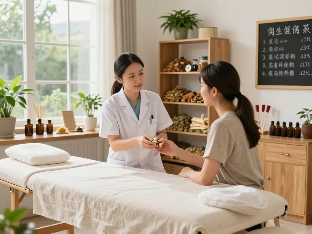 Consultation at 수원한의원 demonstrating personalized herbal treatments in a calming wellness clinic.