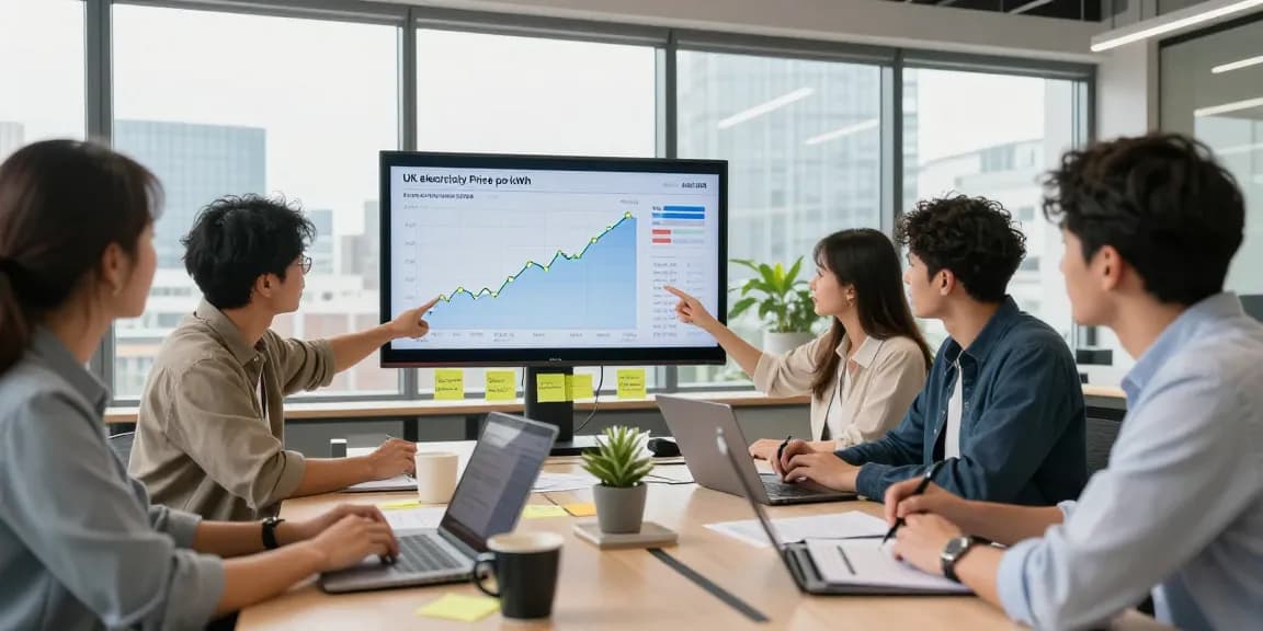 Team analyzing uk electricity price per kwh april 2026 trends in a modern office.