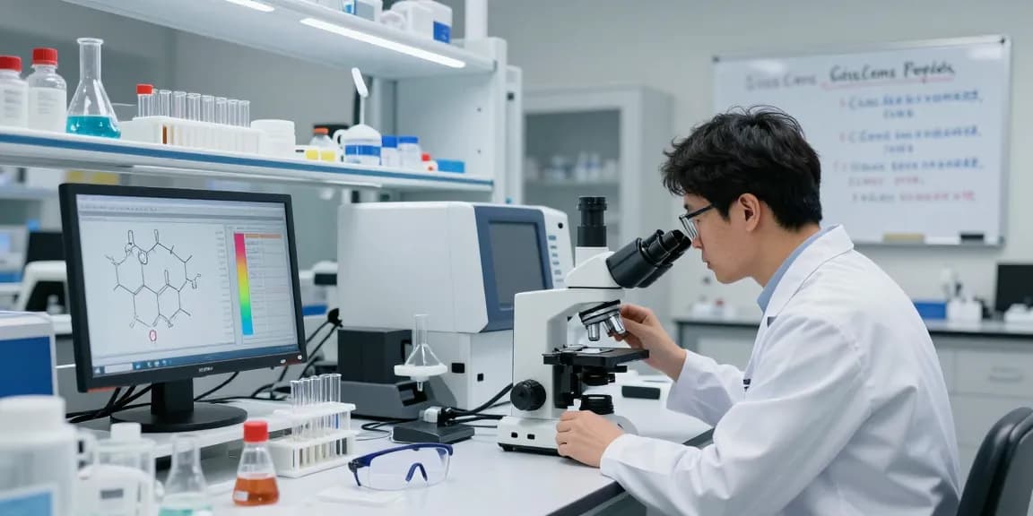 Researcher analyzing SwissChems Peptides in a modern laboratory, surrounded by advanced lab equipment.