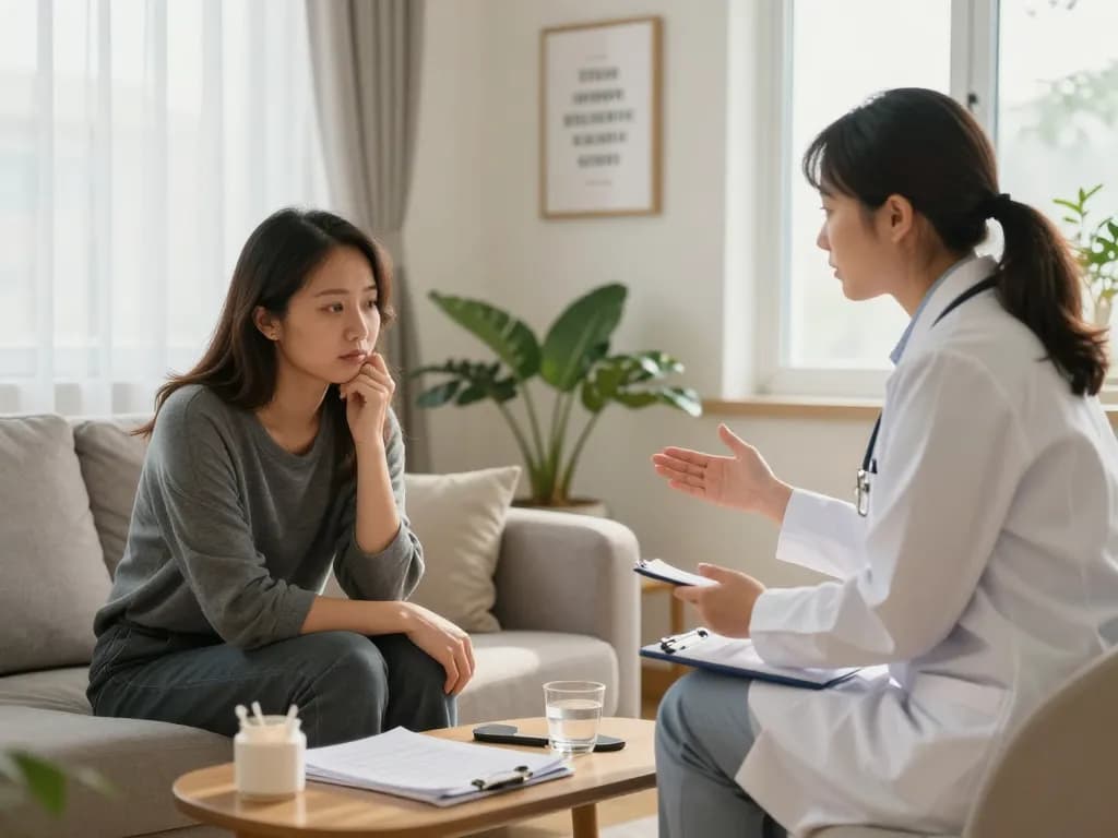 Supportive therapy session addressing 抑鬱症 in a calming room.