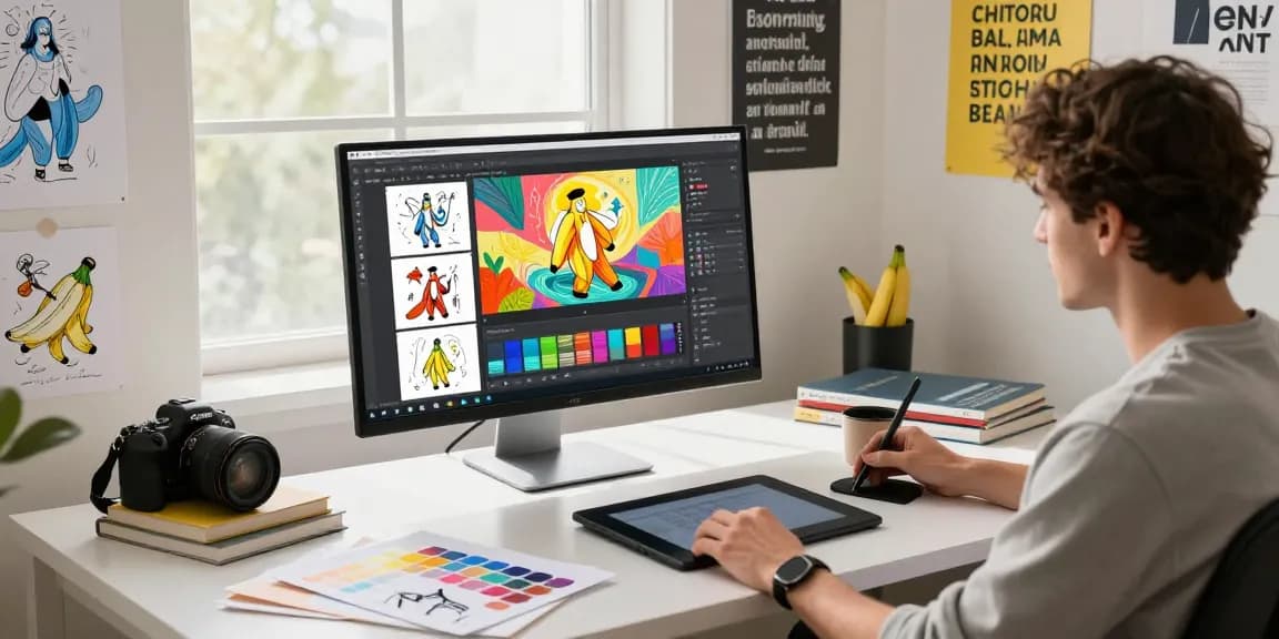Creative workspace showcasing a digital artist using Nano Banana AI image editor, surrounded by vibrant artwork and design tools.