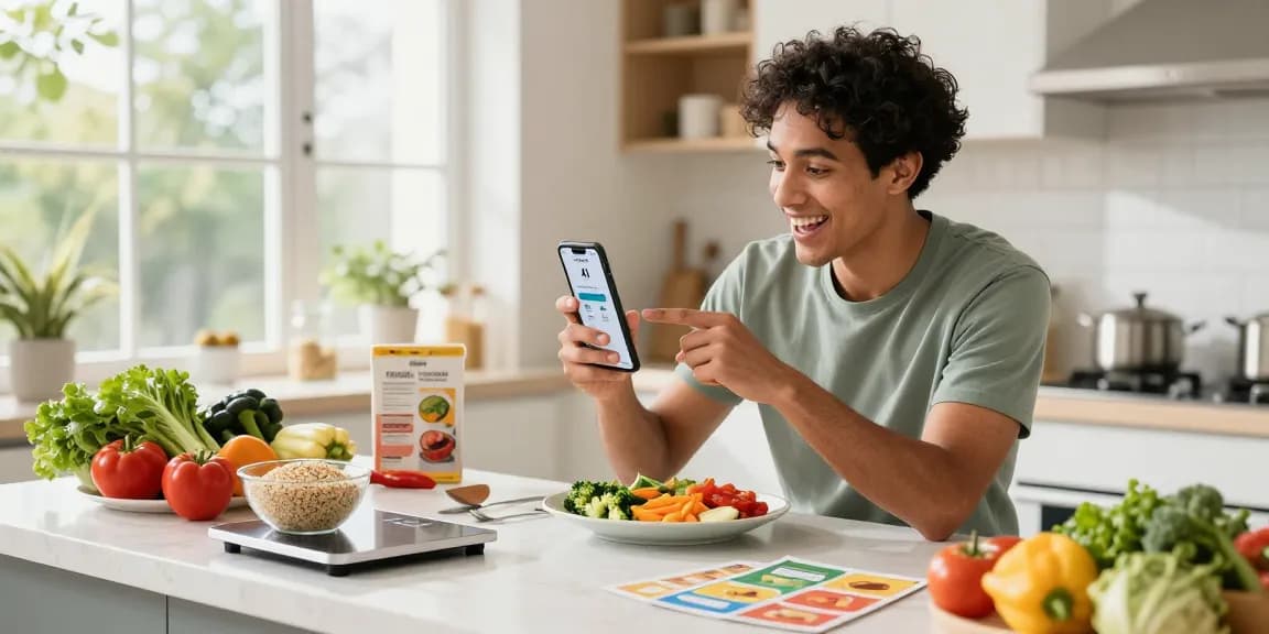 A home cook using the best calorie tracker app in a vibrant kitchen, surrounded by fresh ingredients and cooking tools.