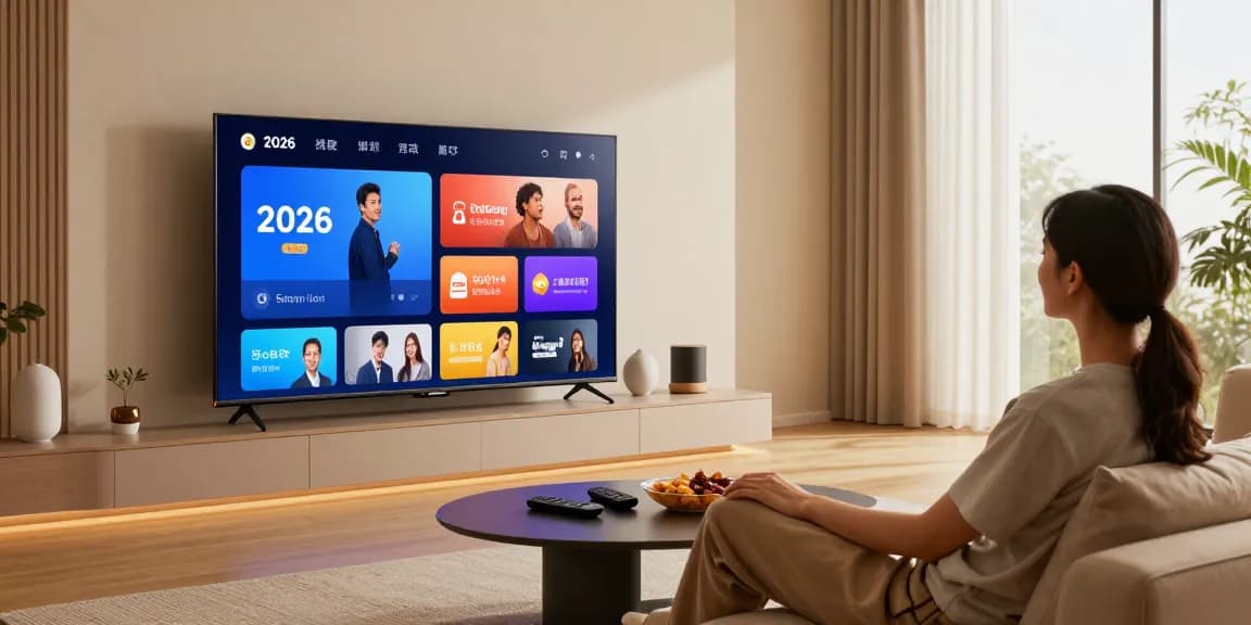 Couple enjoying a smart TV 2026 in a modern living room, showcasing sleek design and vibrant content.