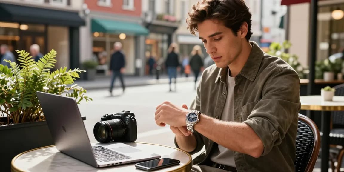 Individual displaying a stylish replica watch at an outdoor café.