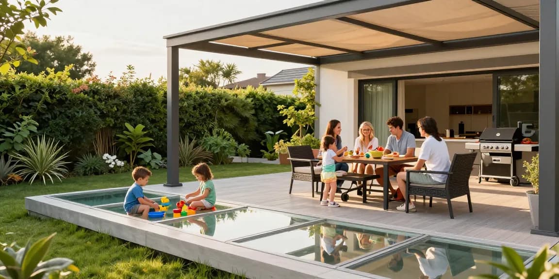 Terrassenüberdachungen aus Aluminium in einem einladenden Gartenambiente mit Familie.