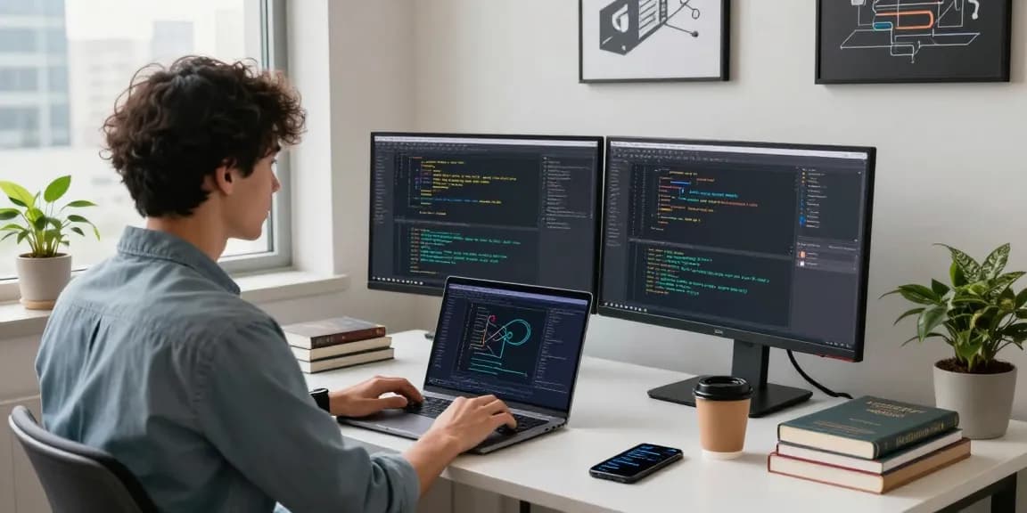 快连 developer coding in a modern workspace with dual monitors and a laptop, showcasing a professional tech environment.