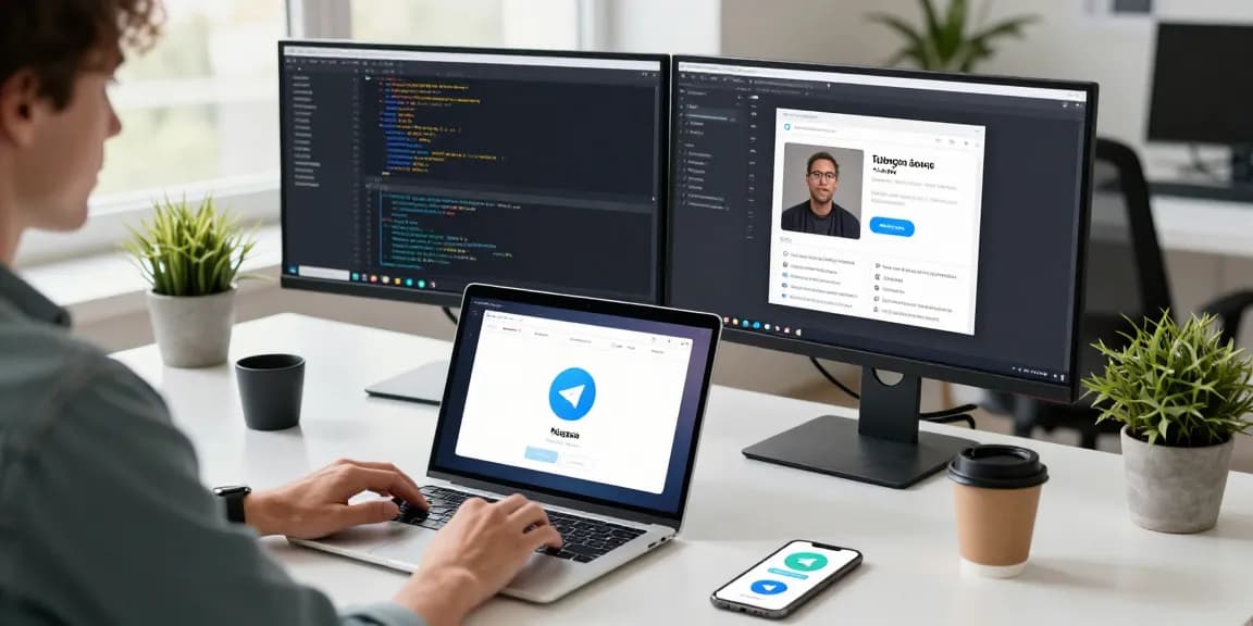 Effective use of telegramin-cn.com shown in a professional tech workspace with dual monitors and natural lighting.