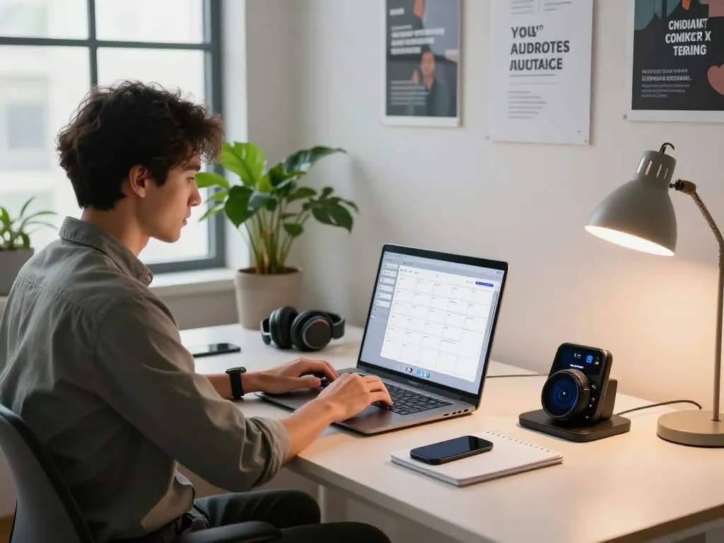 Tech gadgets for productivity showcased in an organized office, featuring a laptop, Bluetooth keyboard, and smart planner.