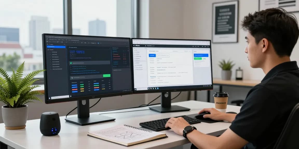 AI detector interface on dual monitors in a modern workspace, illustrating powerful content moderation tools.