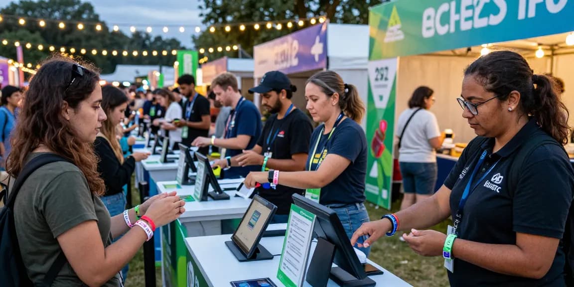 Vibrant festival scene with attendees using pago cashless en eventos wristbands for seamless access and payments.
