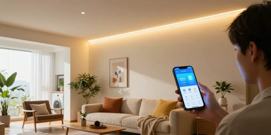 Banda LED în living modern cu iluminare caldă și elegantă