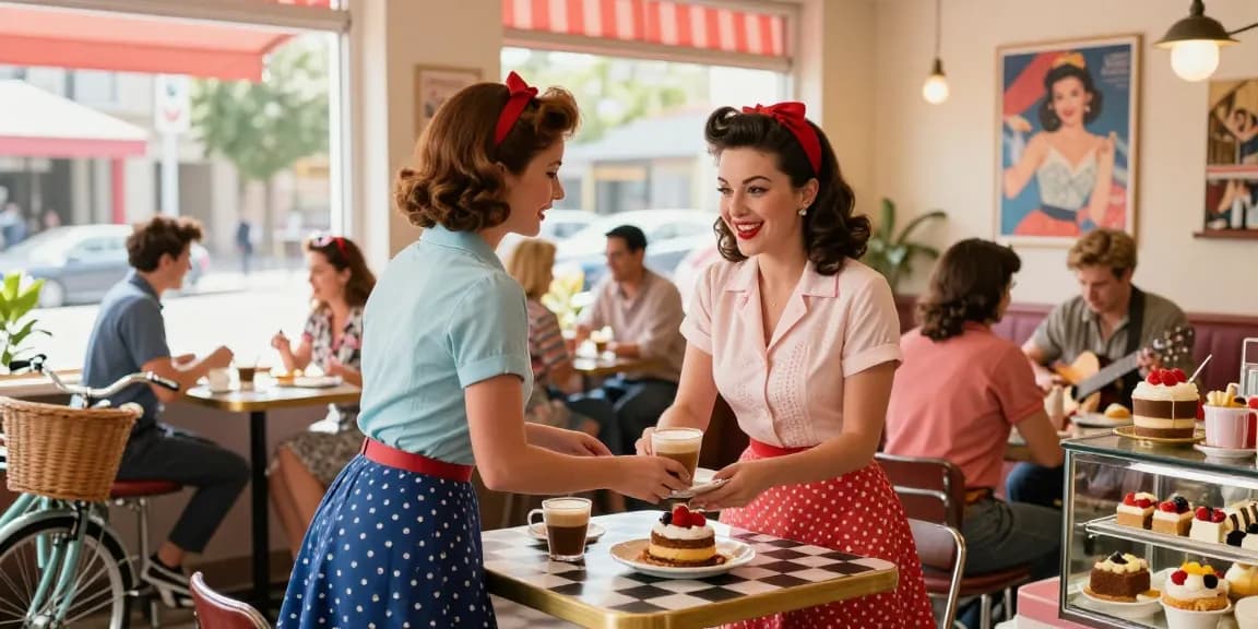 Pin up café scene with retro decorations and vibrant atmosphere