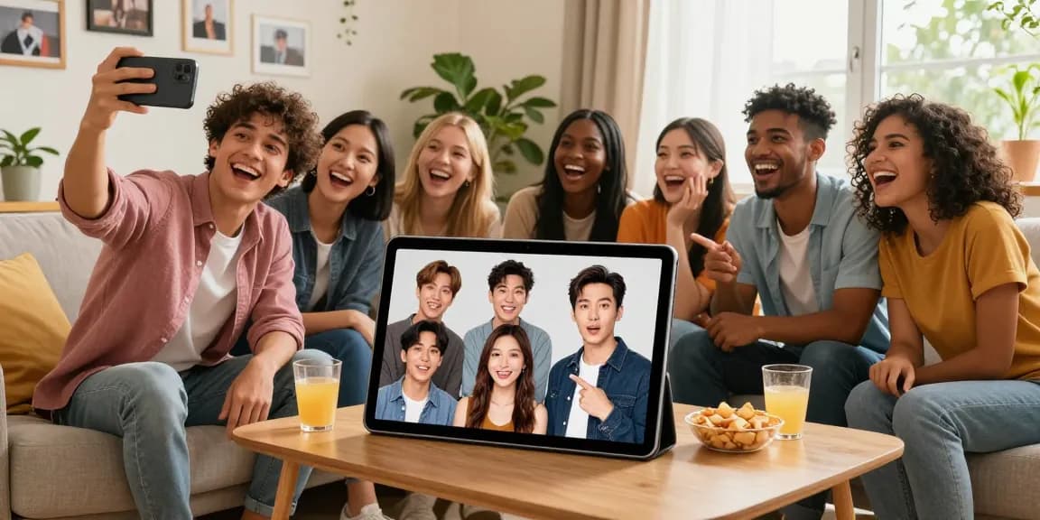 Celebrity look alike discovery moment with friends using AI technology in a cozy living room.