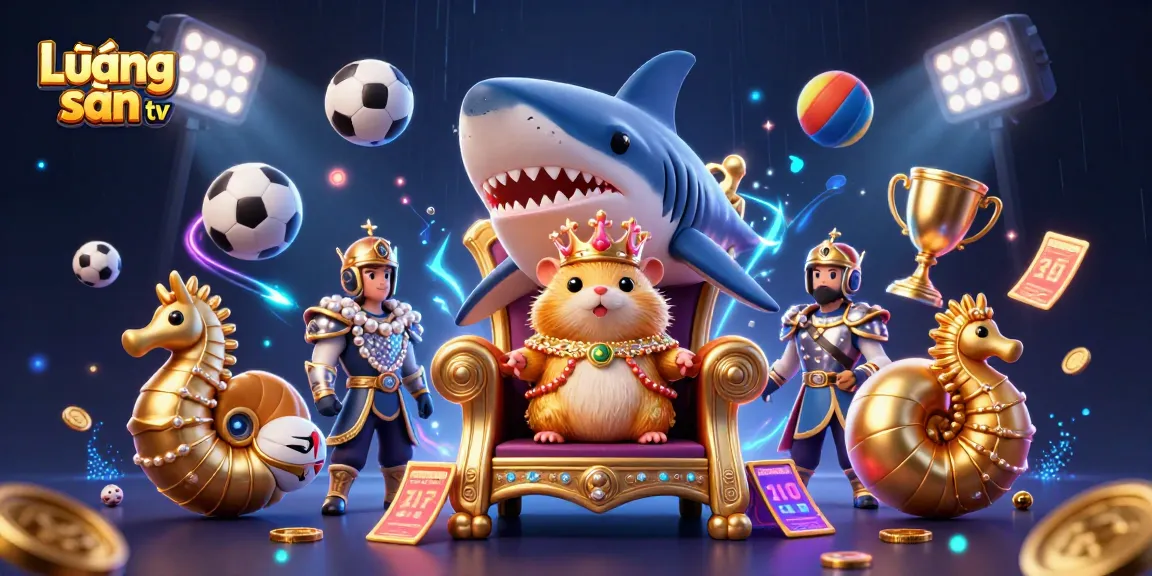 Lương sơn tv showcases a vibrant 3D cartoon scene of a golden hamster king amidst dynamic sports elements and thrilling energy, perfect for online gambling.