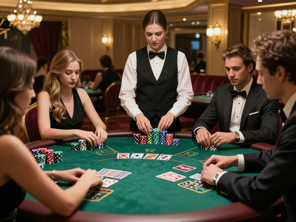 98win players strategizing at an elegant blackjack table, immersed in the gaming experience.