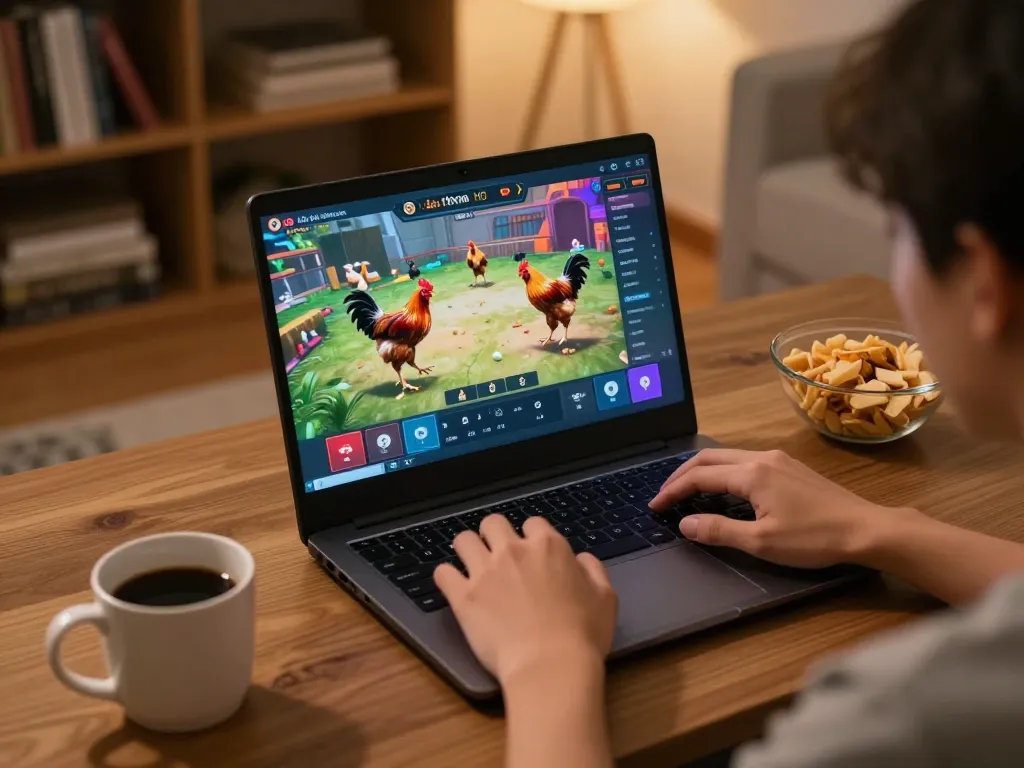 Người xem say mê theo dõi buổi phát trực tiếp đá gà thomo HD trên laptop trong không gian ấm cúng tại nhà