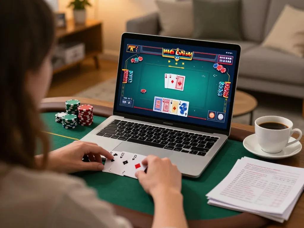 Experience thrilling online poker gameplay with MM88 in a cozy home setting.