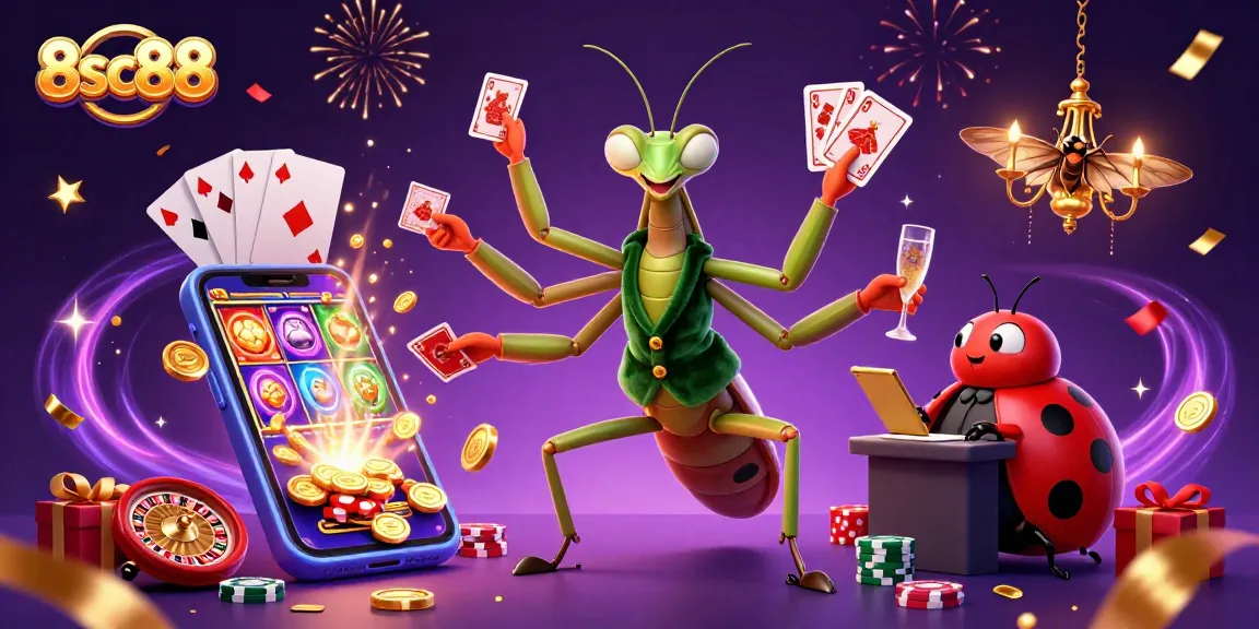 Engage in thrilling gambling fun with 8sc88, featuring vibrant casino characters and games.