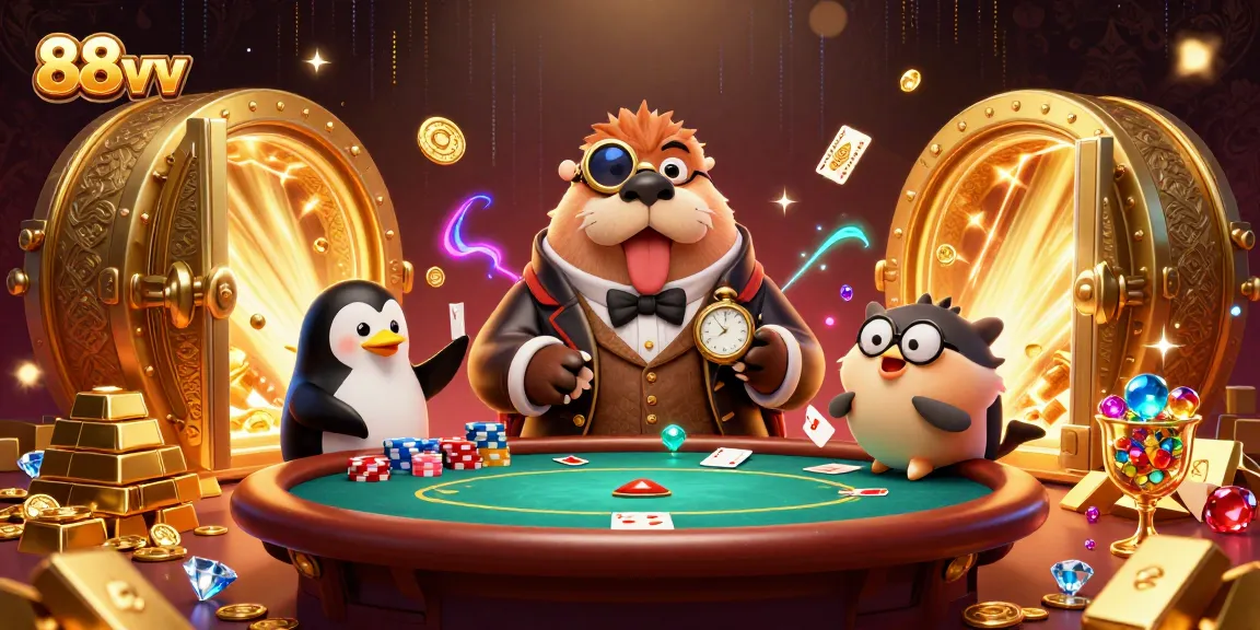 Engage with the thrilling poker scene featuring 88vv's cartoon characters in a rich underwater atmosphere.