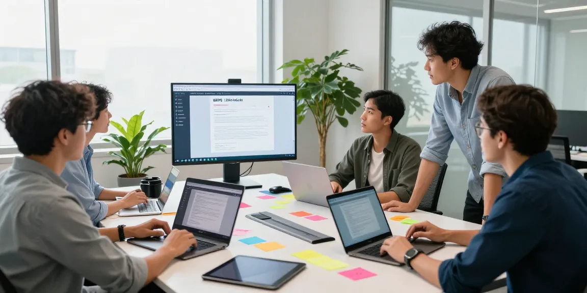 A diverse team collaborating in a modern office using WPS Official Website for document editing and brainstorming.