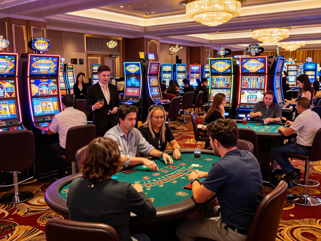 Scena di casinò con i migliori casino online e giocatori felici che si divertono.