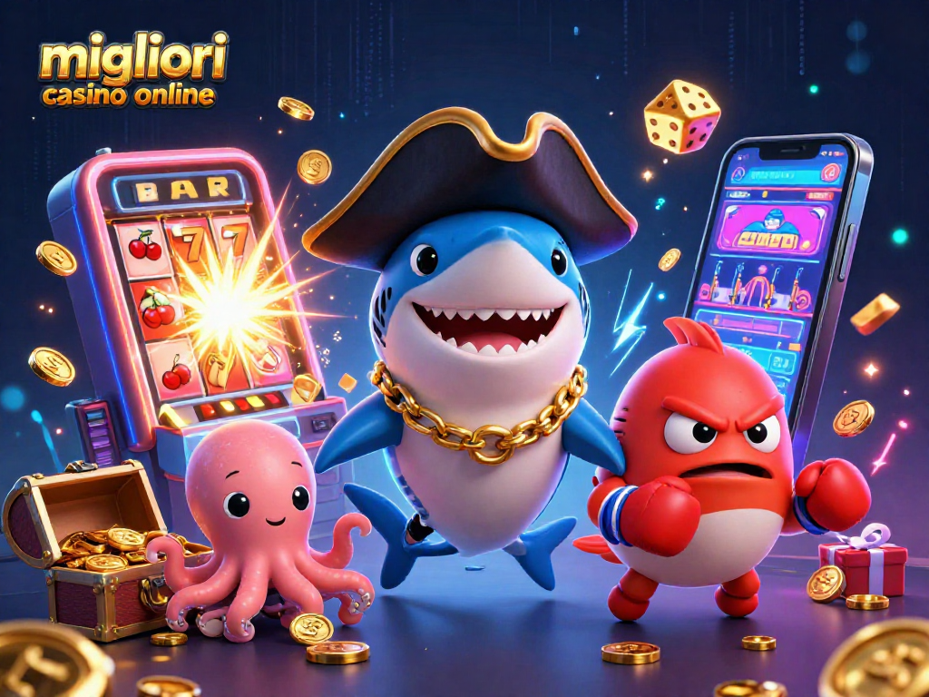 Gioca nei migliori casino online con un'immagine colorata di divertenti personaggi marini e giochi d'azzardo.