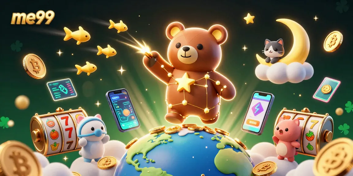 Play vibrant pokies with me99, featuring a cosmic bear and magical elements in a thrilling casino scene.