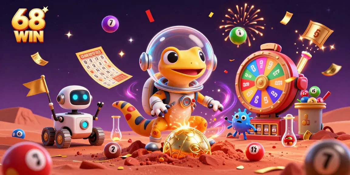 Experience excitement at 68 WIN as a Martian gecko celebrates a vibrant casino discovery.
