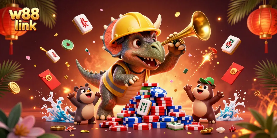 Build excitement with w88 link as characters celebrate around casino elements in a dynamic scene.
