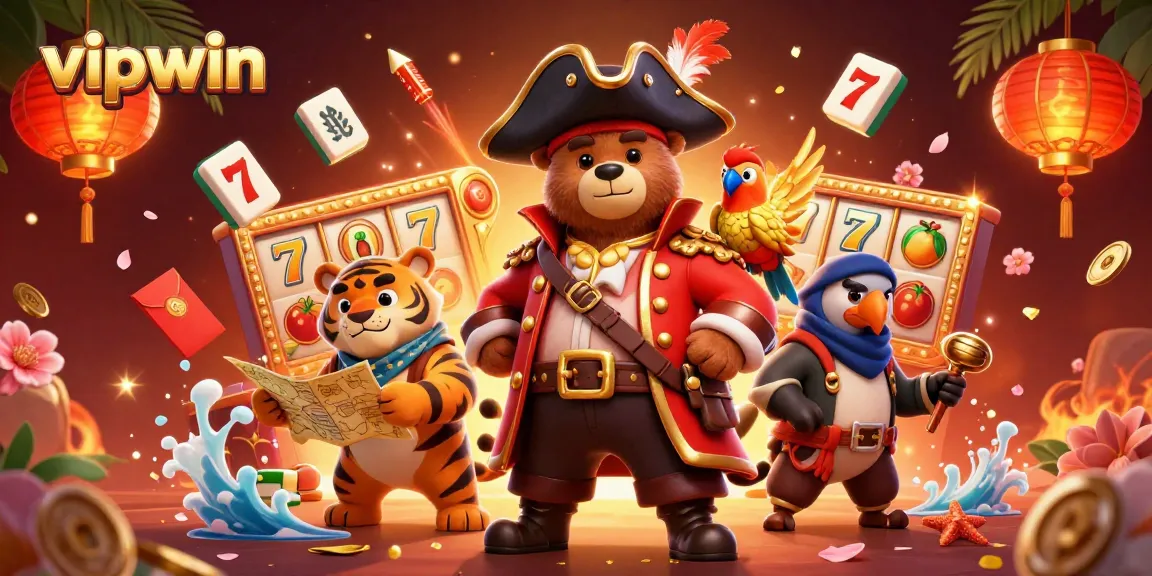 Engage with vipwin's vibrant casino experience through an illustrated pirate adventure full of gaming elements.