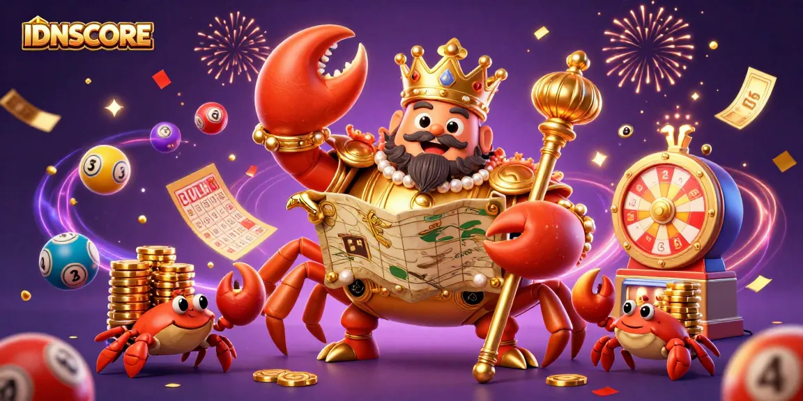Experience the excitement of IDNSCORE with vibrant lottery elements and a majestic crab emperor.