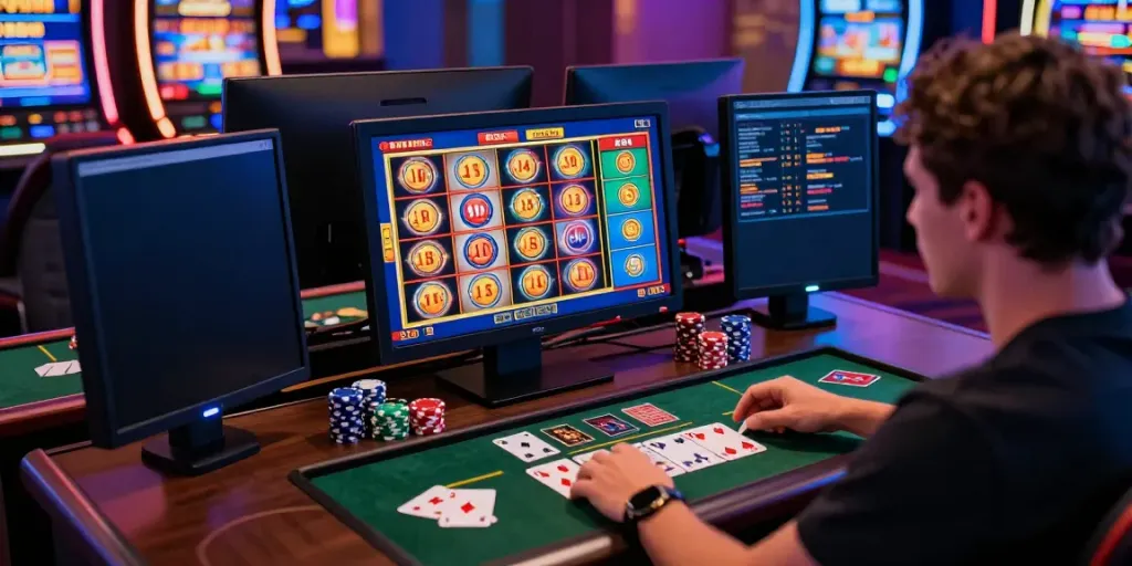 Engaged player enjoying slots that accept credit cards in a lively online casino setting.