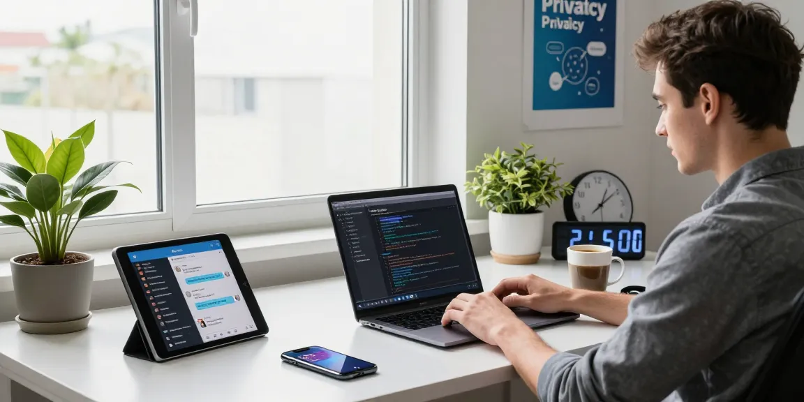 Experience the latest Telegram Download in a modern tech workspace with coding on display.