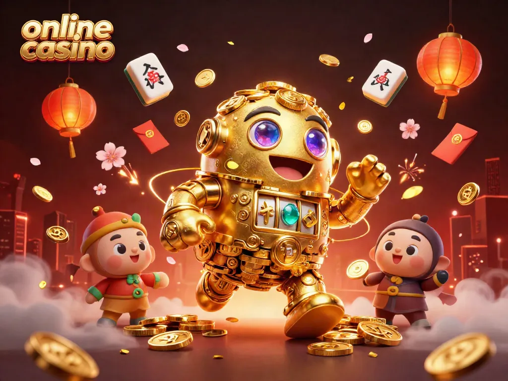 Experience the excitement of an online casino with this vibrant golden golem and dynamic gaming elements.