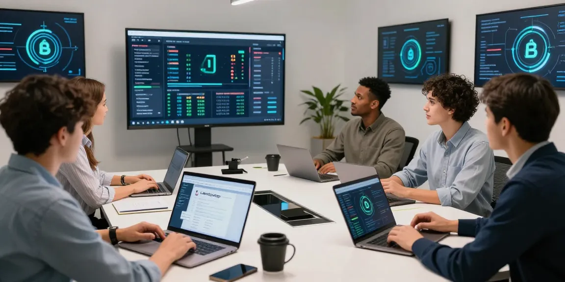 Team collaborating on libertyswap strategies in a modern blockchain workspace.