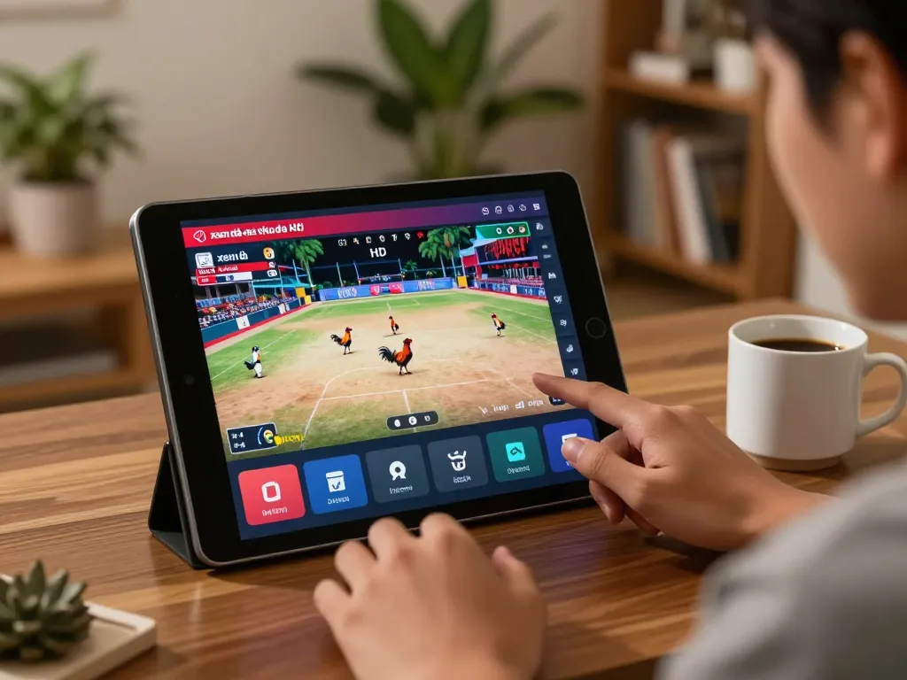 xem đá gà trực tiếp HD đang được phát trực tuyến trên một máy tính bảng trong một không gian ấm cúng, người xem tham gia vào trò chơi