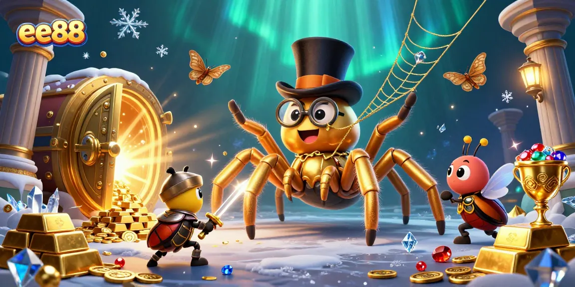 Engage in vibrant gaming with ee88 as the golden spider weaves excitement between casino pillars.