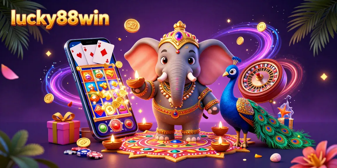 Play exciting slot games at lucky88win with a vibrant 3D illustration of a casino scene featuring playful characters and rich elements.