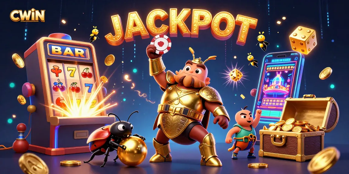 CWIN offers thrilling jackpot gaming opportunities with a victorious beetle hero and vibrant casino elements.