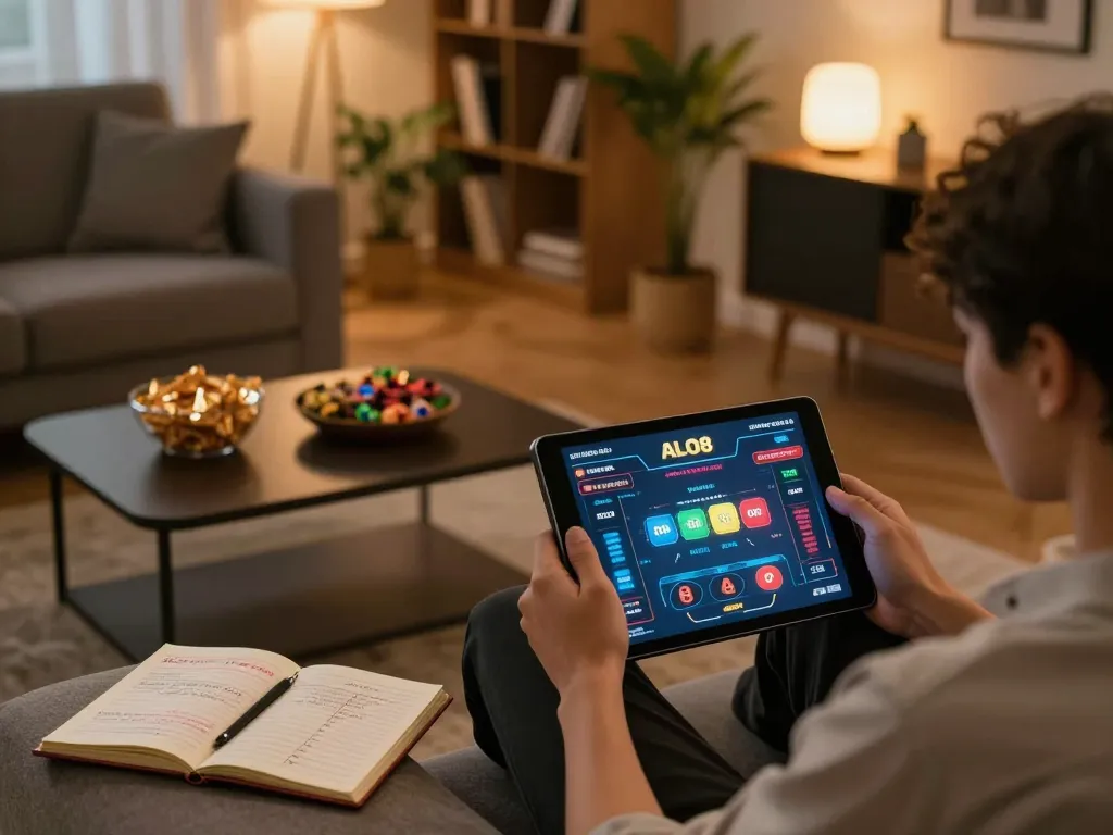 A person enjoying ALO8 COM online casino gaming on a tablet in a cozy home setting
