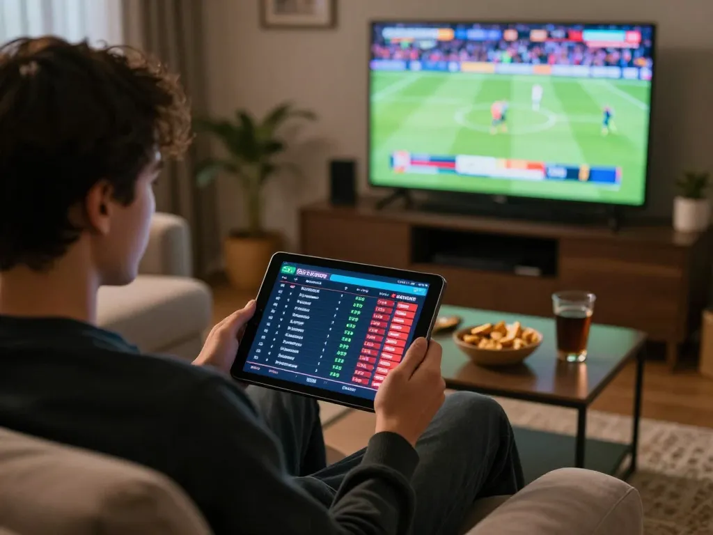 Engaging sports betting setup showcasing tỷ lệ kèo nhà cái 5 on tablet during live game analysis.