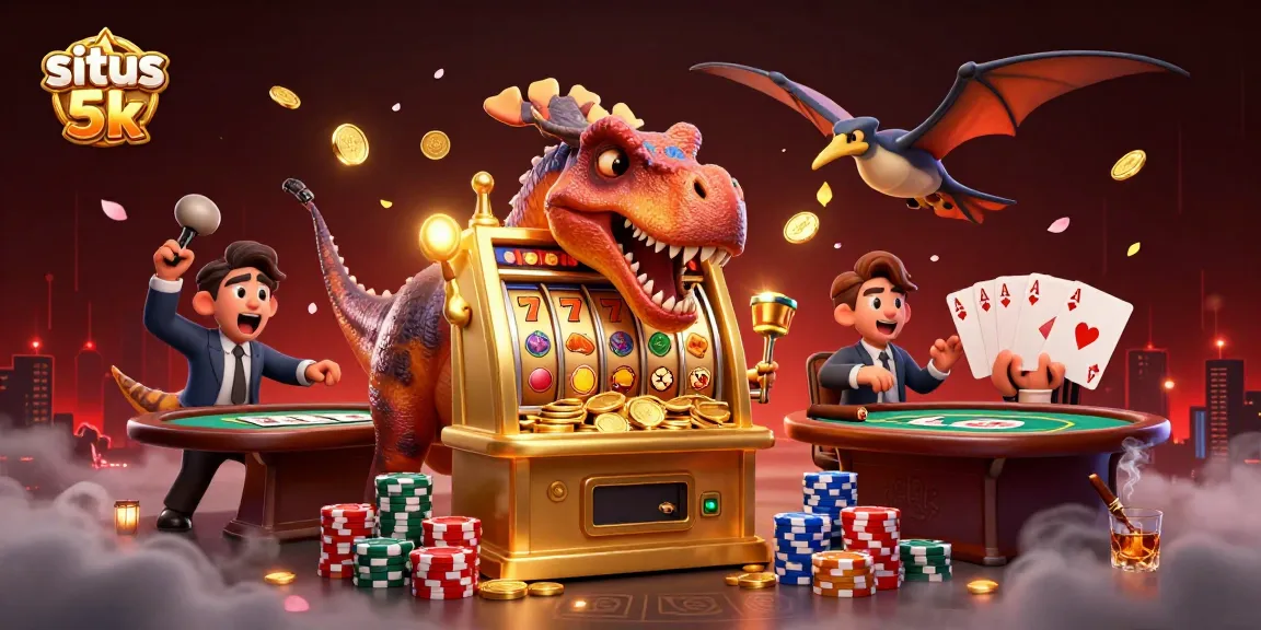 Experience the excitement of situs 5k as dinosaurs interact with a golden slot machine, winning jackpots in a vibrant casino scene.