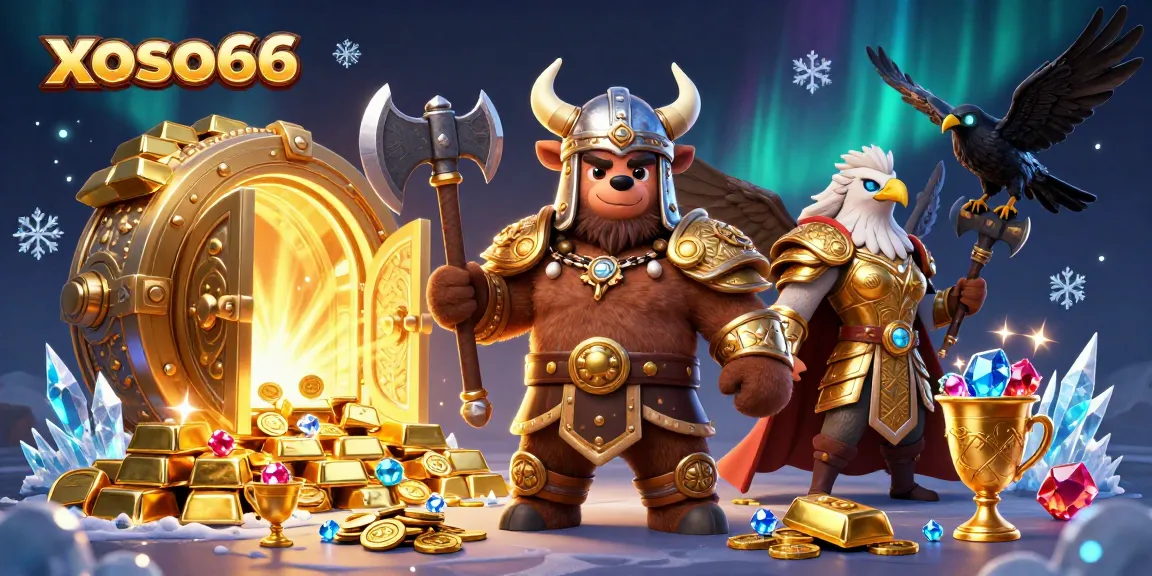 Engage in thrilling games with xoso66's Viking bear and Valkyrie at a treasure-filled casino.