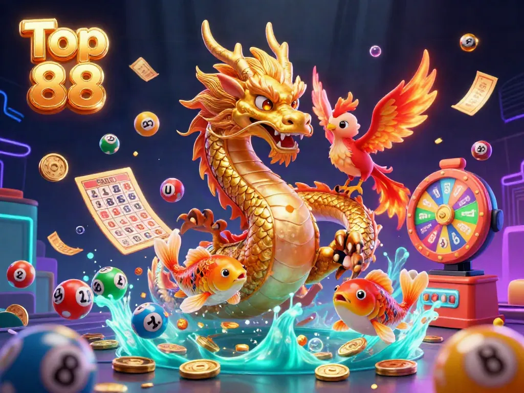 Engage with Top 88's vibrant bingo scene featuring a golden dragon, phoenix, and koi fish amidst a lottery celebration.